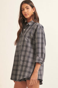 Work From Home Plaid Button-Up Shirt Romper - ShopPromesa