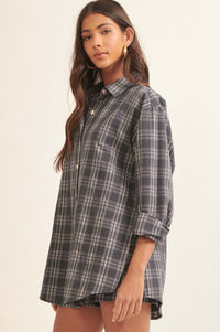 Work From Home Plaid Button-Up Shirt Romper - ShopPromesa