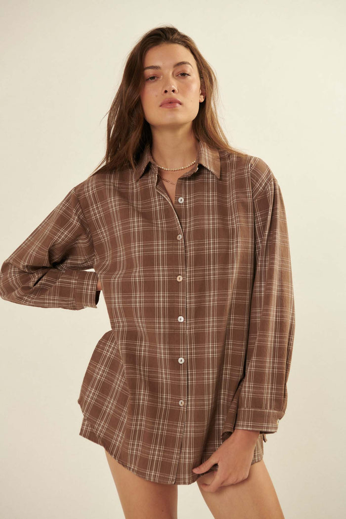 Work From Home Plaid Button-Up Shirt Romper - ShopPromesa