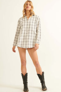 Work From Home Plaid Button-Up Shirt Romper - ShopPromesa