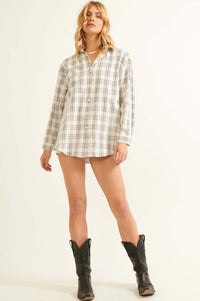 Work From Home Plaid Button-Up Shirt Romper - ShopPromesa