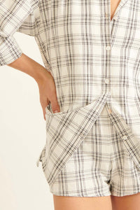 Work From Home Plaid Button-Up Shirt Romper - ShopPromesa