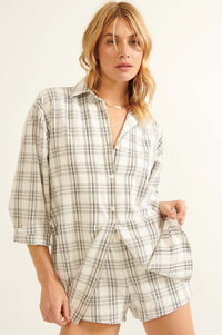 Work From Home Plaid Button-Up Shirt Romper - ShopPromesa