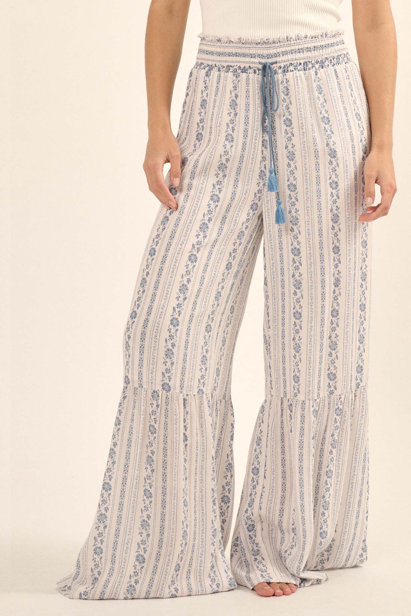 Spring Fever Floral-Stripe Ruffled Wide-Leg Pants - ShopPromesa