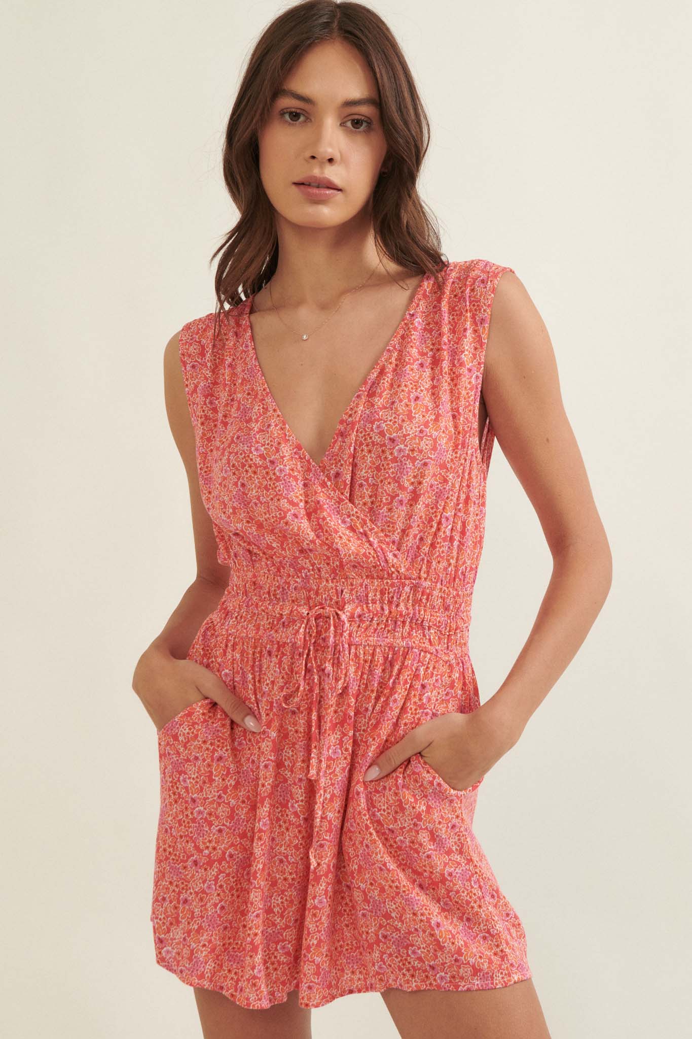 Growing Places Sleeveless Floral Surplice Romper - ShopPromesa