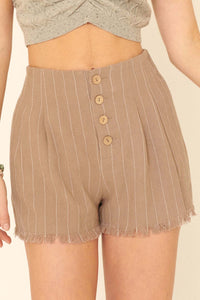 Out of Office Pleated Raw-Edge Pinstripe Shorts - ShopPromesa