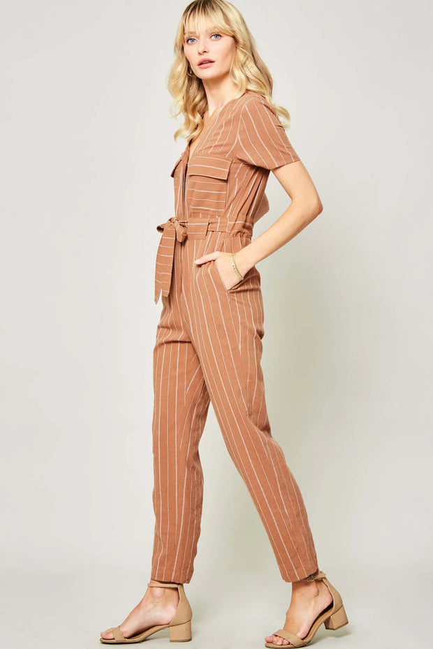 Along These Lines Striped Belted Jumpsuit - ShopPromesa
