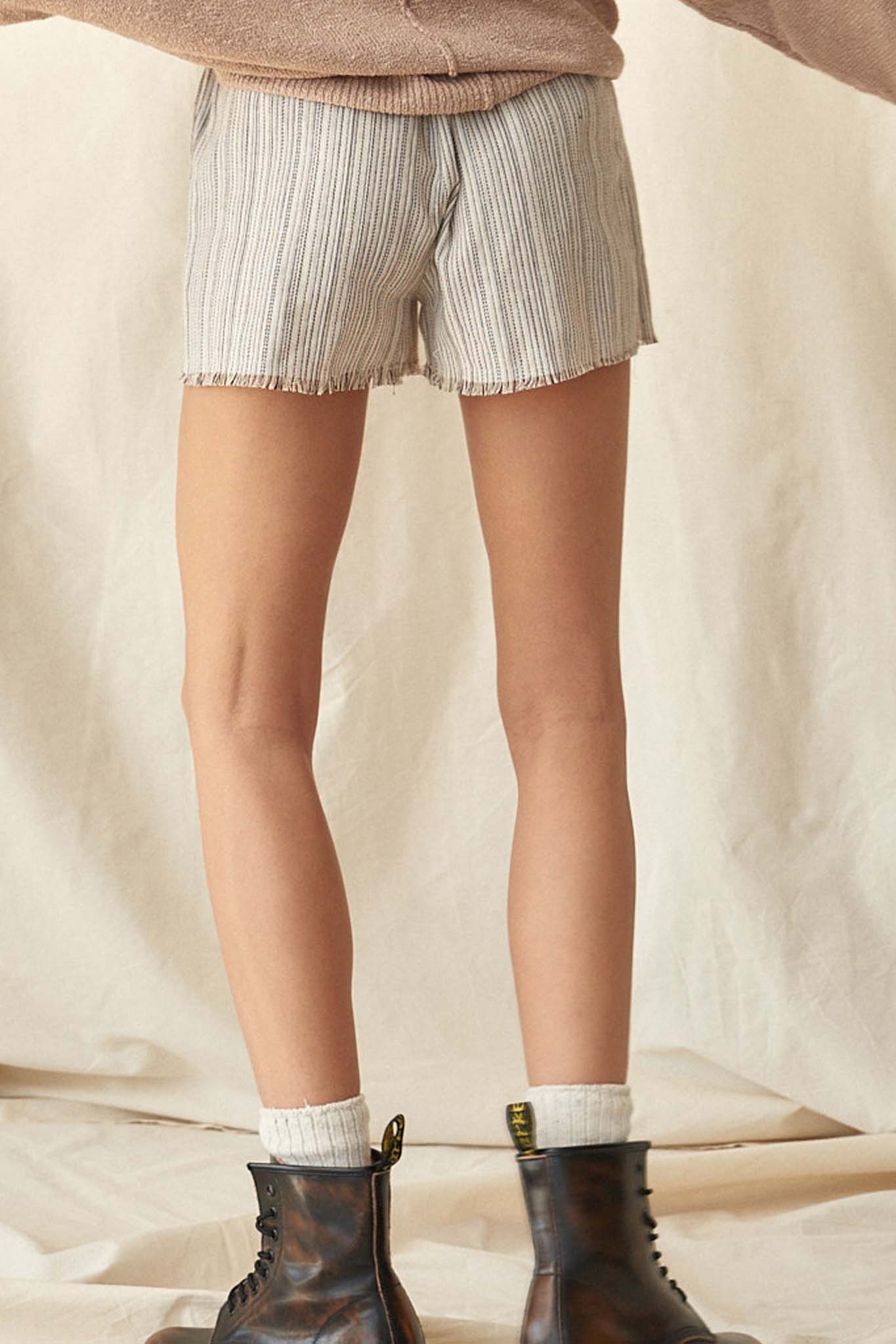 On the Line Pinstripe Raw-Edge Pleated Shorts - ShopPromesa