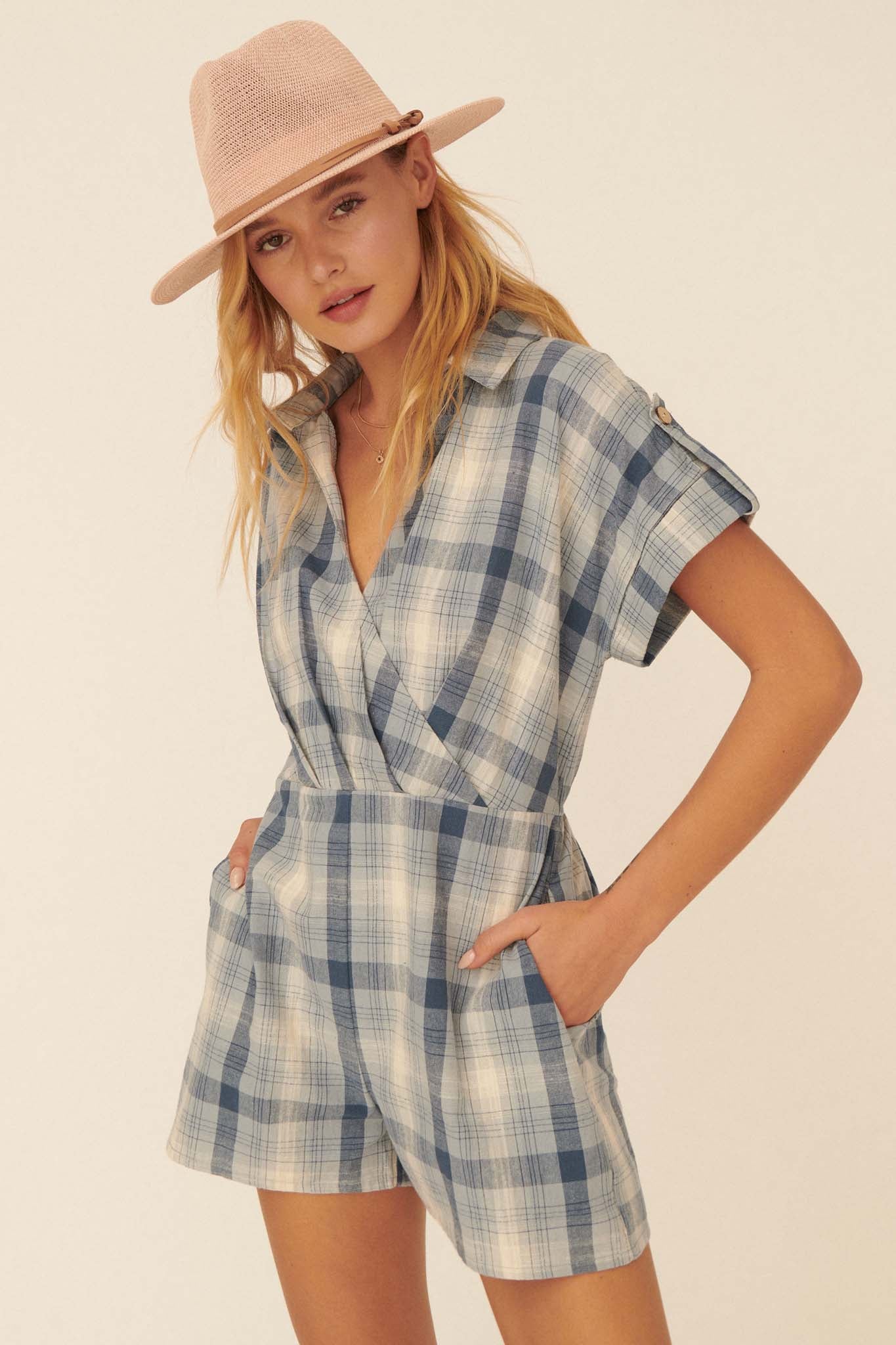 Trust in You Plaid Surplice Romper - ShopPromesa