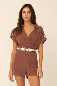 One With Nature Linen-Blend Surplice Romper - ShopPromesa