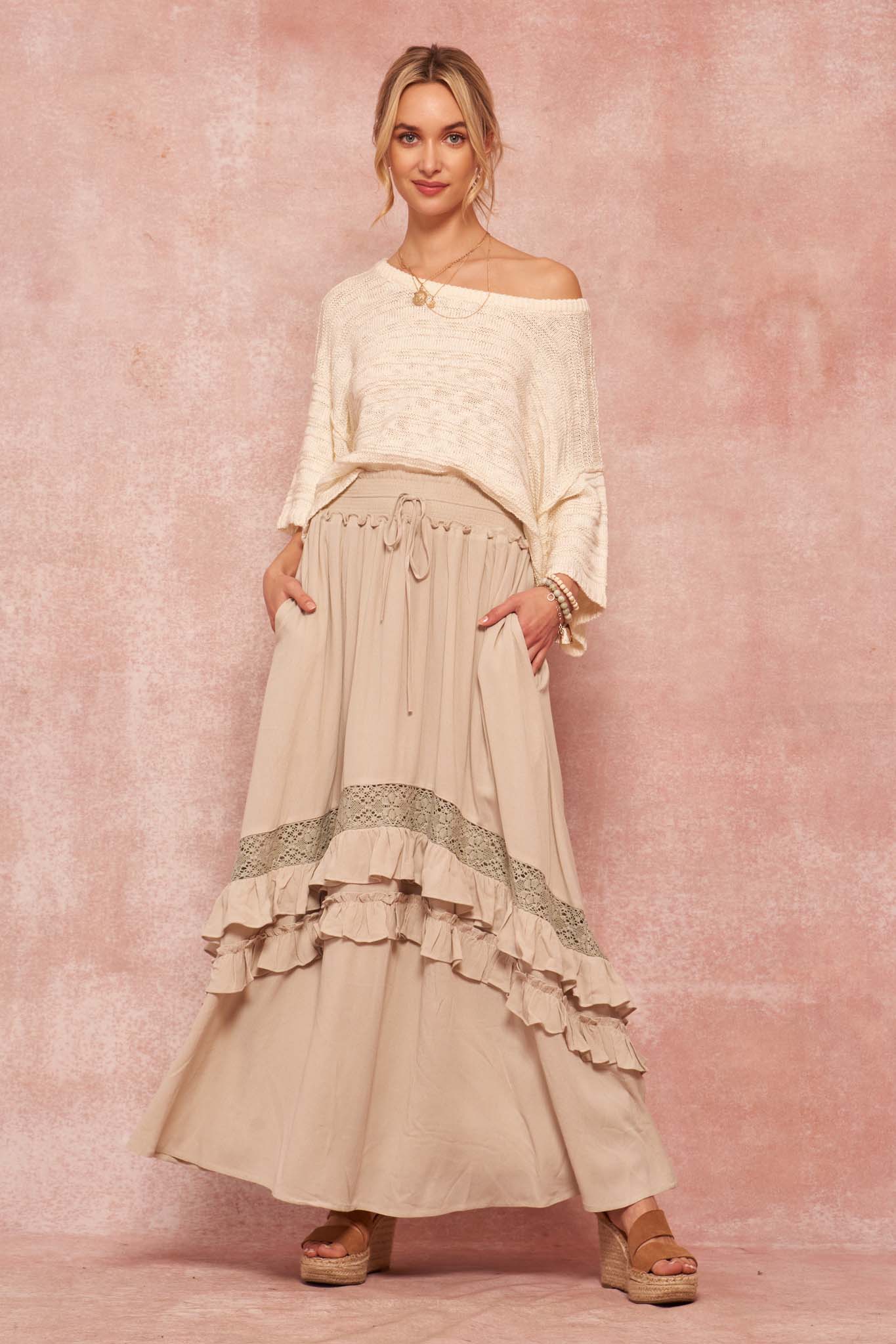 Over Yonder Ruffled Lace-Trimmed Prairie Skirt - ShopPromesa