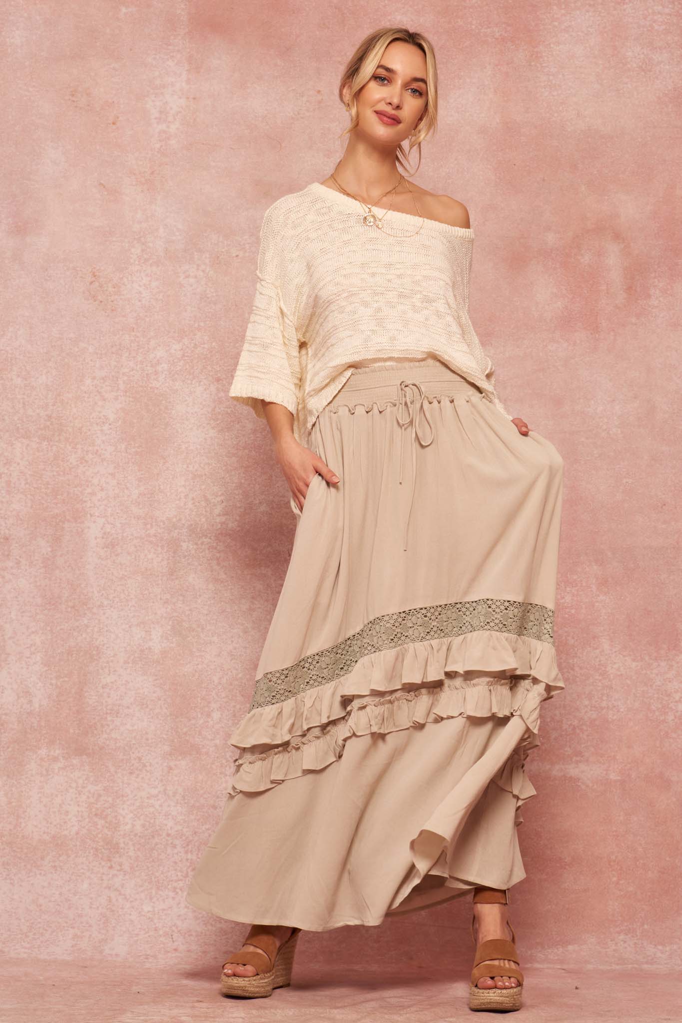 Over Yonder Ruffled Lace-Trimmed Prairie Skirt - ShopPromesa