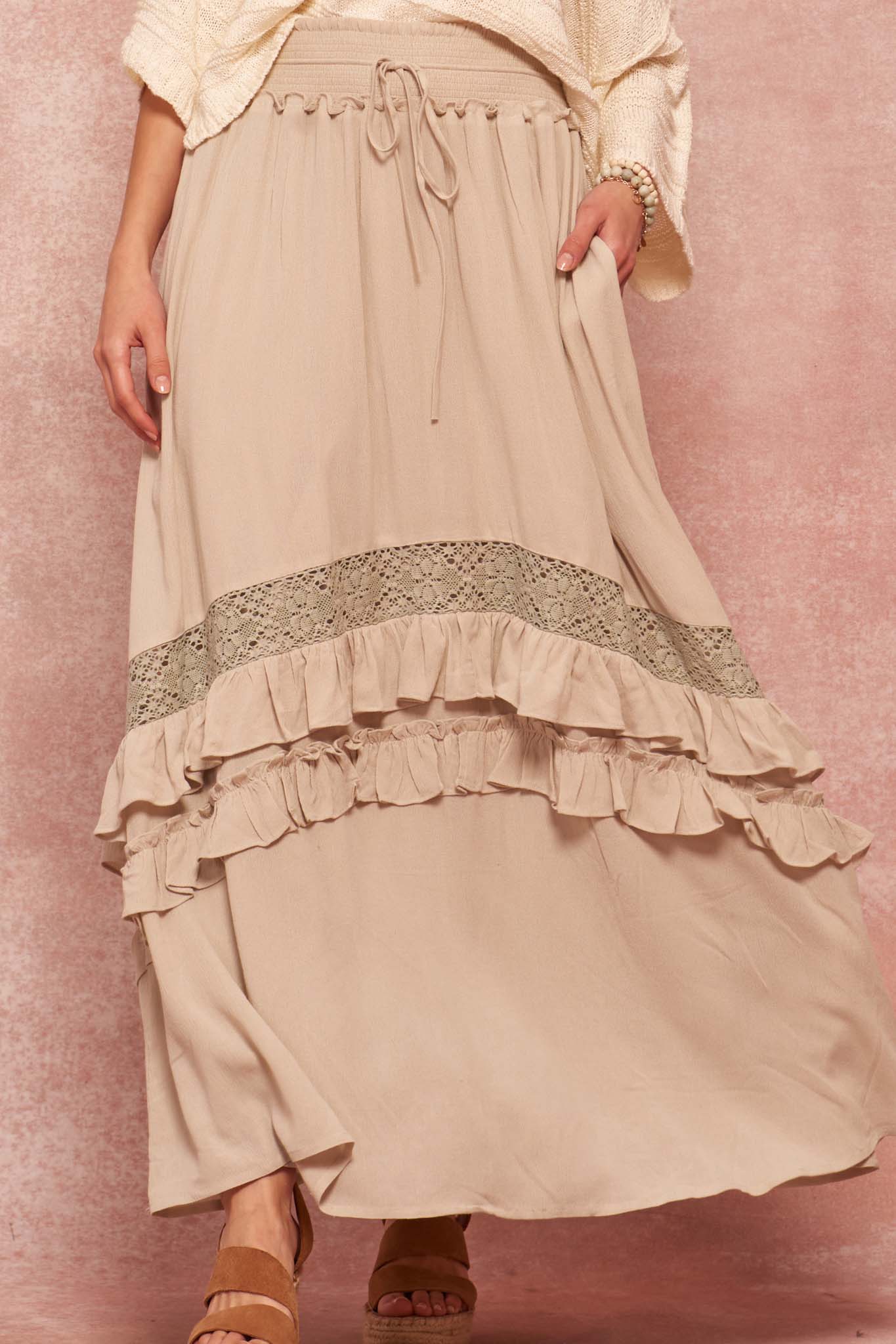 Over Yonder Ruffled Lace-Trimmed Prairie Skirt - ShopPromesa