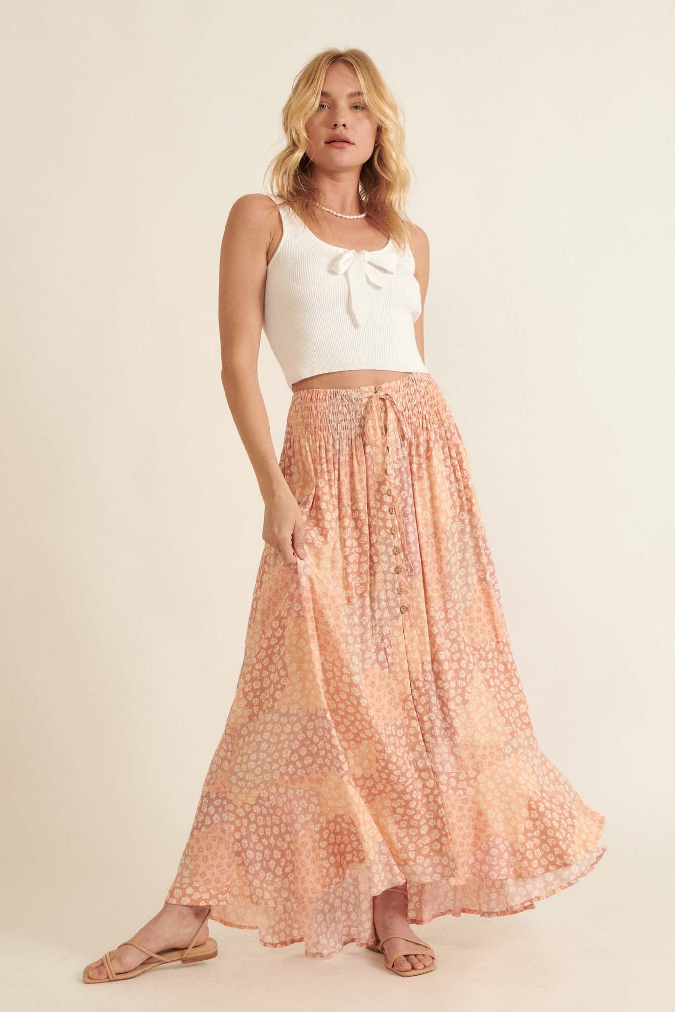 Almost Paradise Floral Patchwork Print Maxi Skirt Dusty Peach M