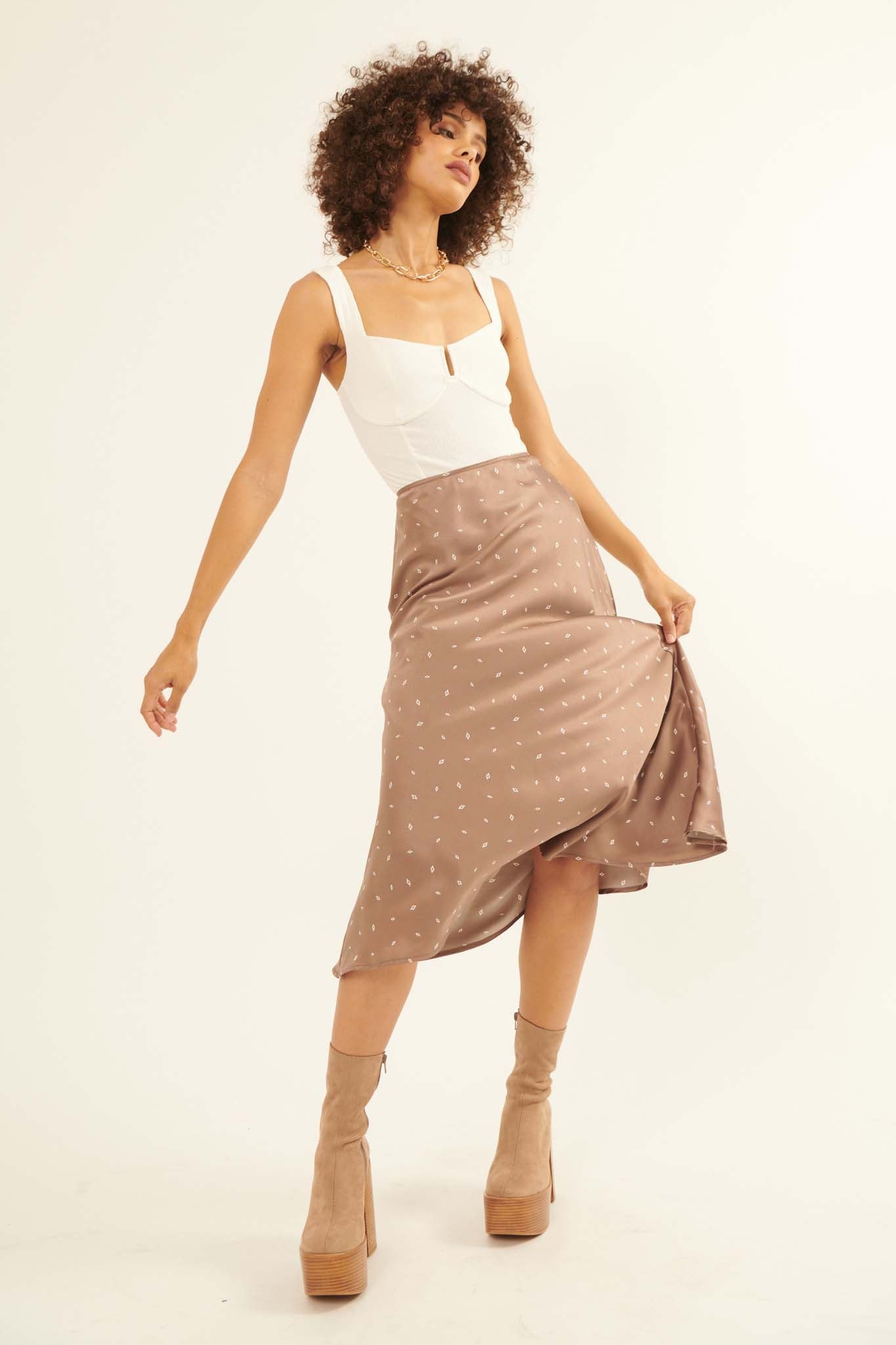 Shine Through Diamond-Print Satin Midi Skirt - ShopPromesa