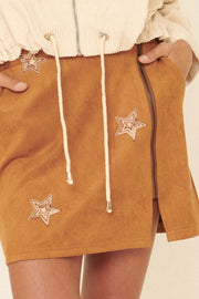 Seeing Stars Embroidered Vegan Suede Mini Skirt - ShopPromesa
