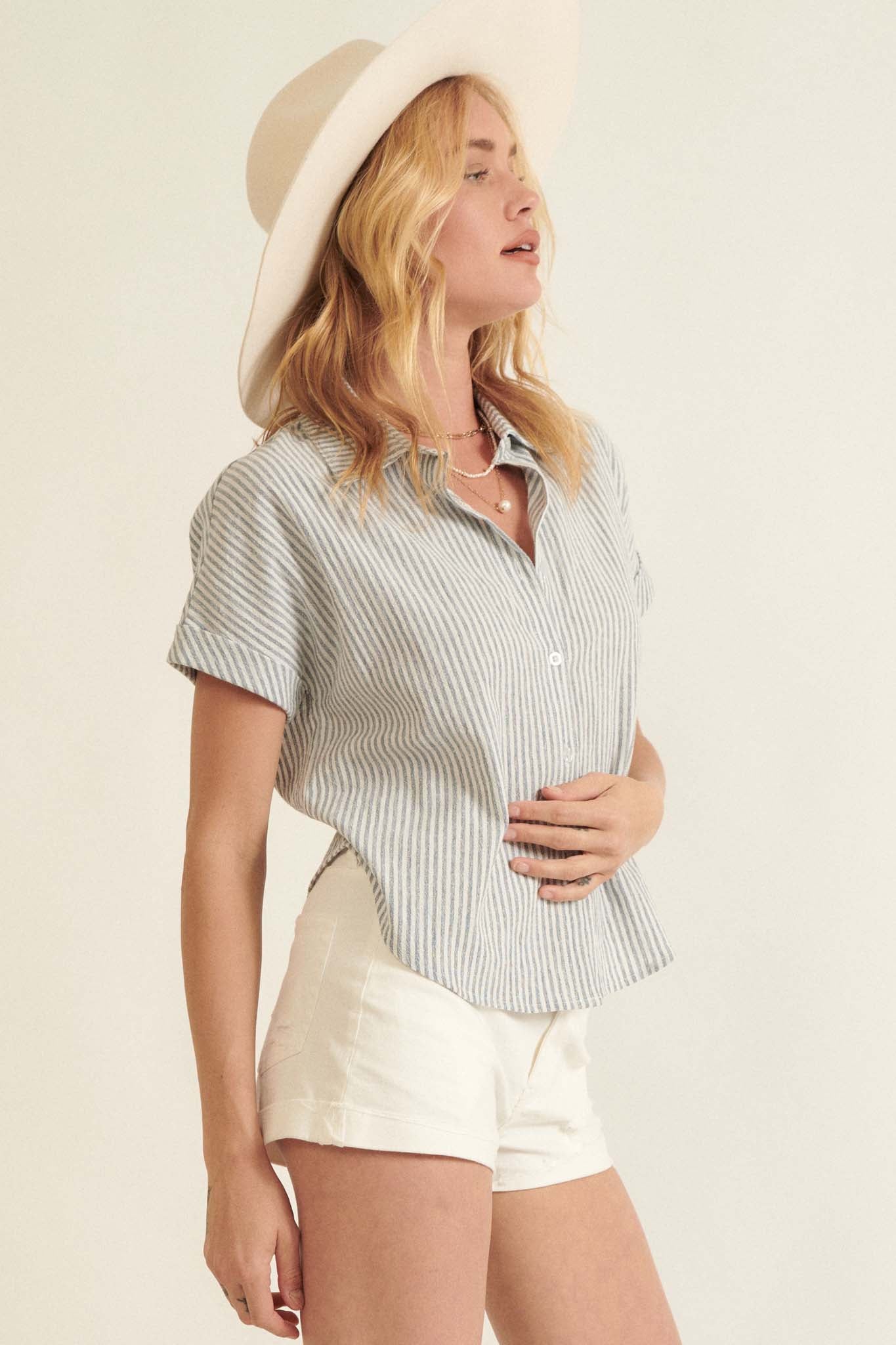 Keep It Up Striped Open-Back Buttoned Shirt - ShopPromesa