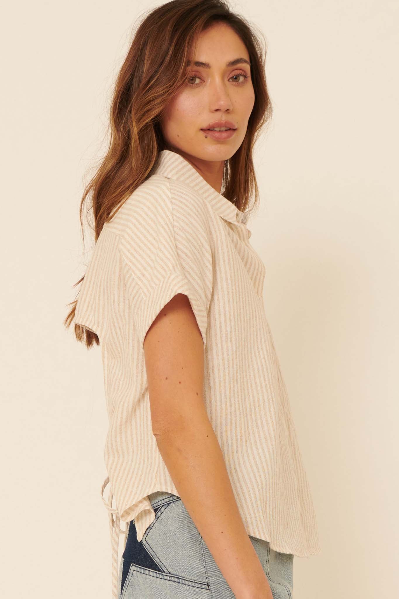 Keep It Up Striped Open-Back Buttoned Shirt - ShopPromesa