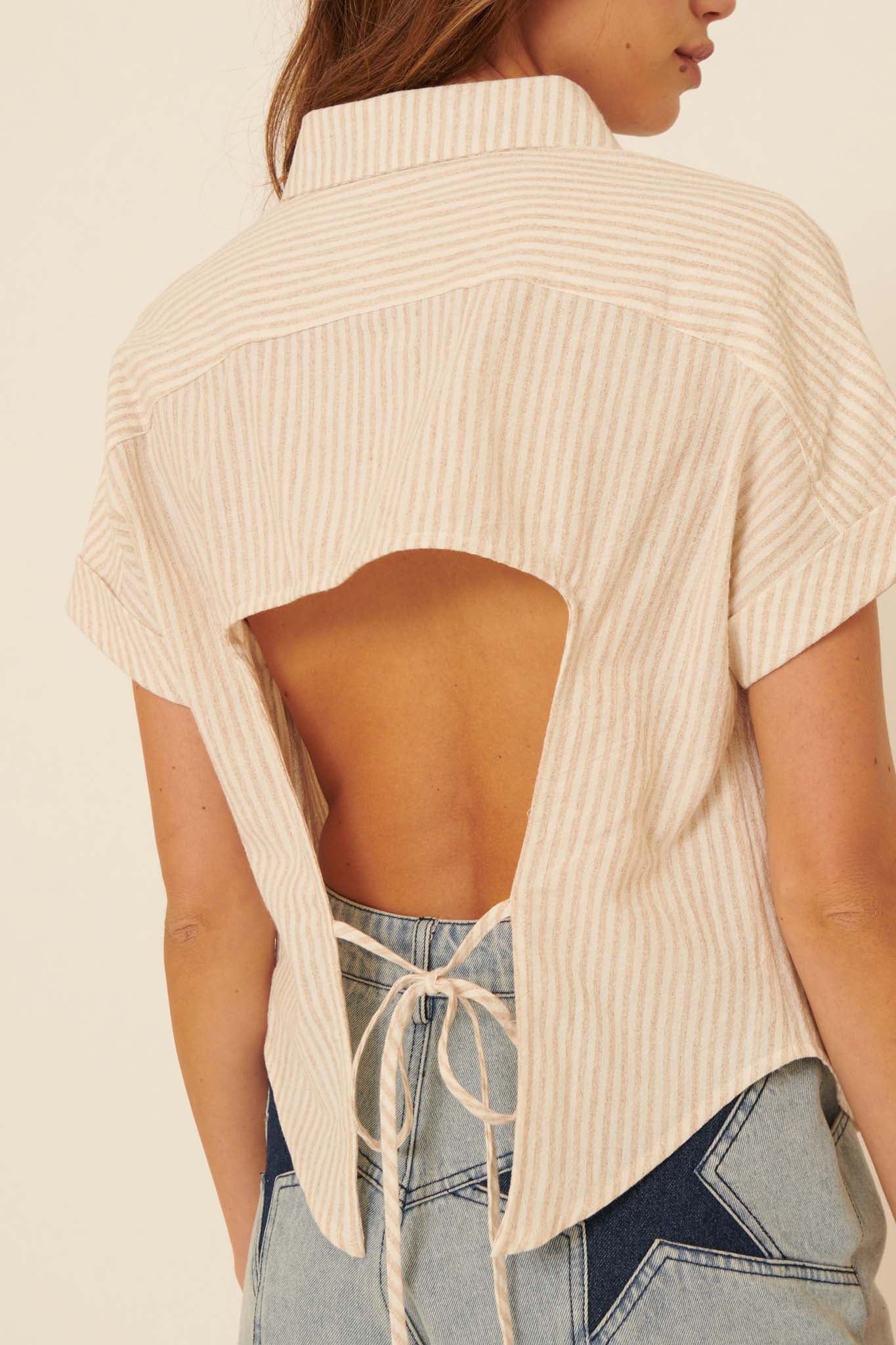 Keep It Up Striped Open-Back Buttoned Shirt - ShopPromesa