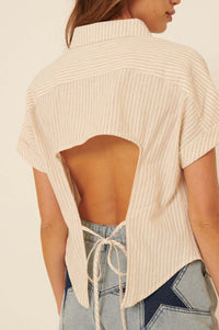 Keep It Up Striped Open-Back Buttoned Shirt - ShopPromesa