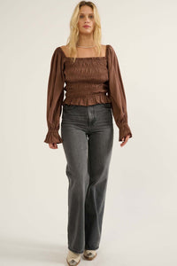 Gather Together Smocked Matte Satin Peasant Top - ShopPromesa