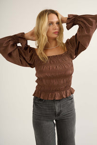 Gather Together Smocked Matte Satin Peasant Top - ShopPromesa