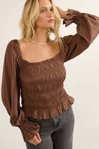 Gather Together Smocked Matte Satin Peasant Top - ShopPromesa