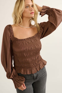 Gather Together Smocked Matte Satin Peasant Top - ShopPromesa