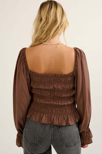 Gather Together Smocked Matte Satin Peasant Top - ShopPromesa