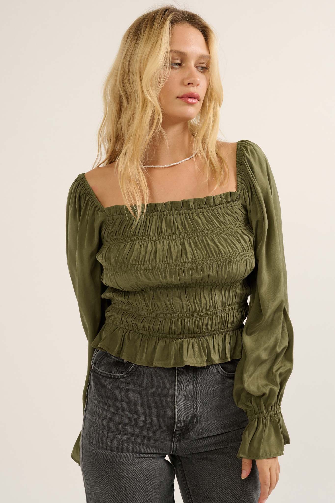 Gather Together Smocked Matte Satin Peasant Top - ShopPromesa