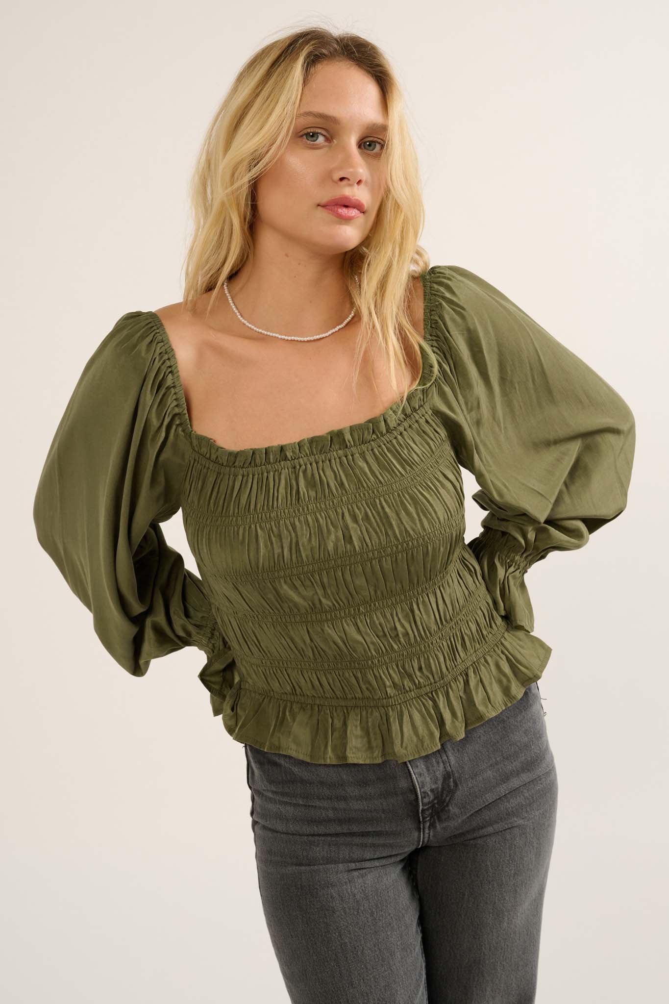 Gather Together Smocked Matte Satin Peasant Top - ShopPromesa