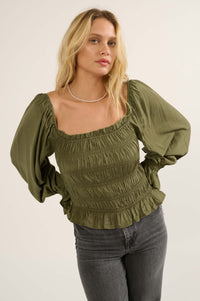 Gather Together Smocked Matte Satin Peasant Top - ShopPromesa