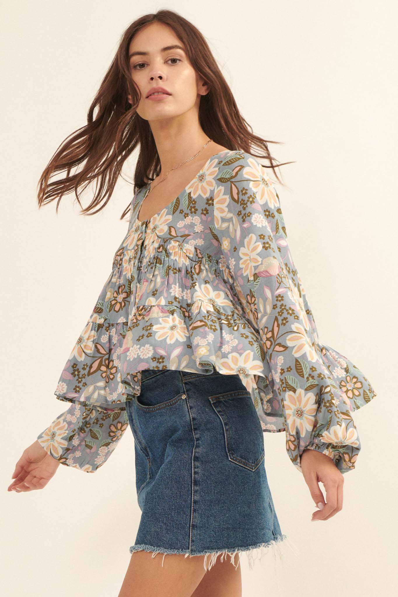 Flashy Flowers Floral Babydoll Peasant Top - ShopPromesa