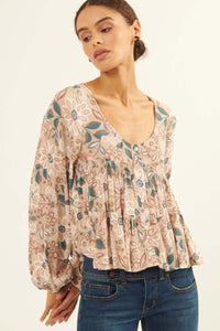 Flashy Flowers Floral Babydoll Peasant Top - ShopPromesa