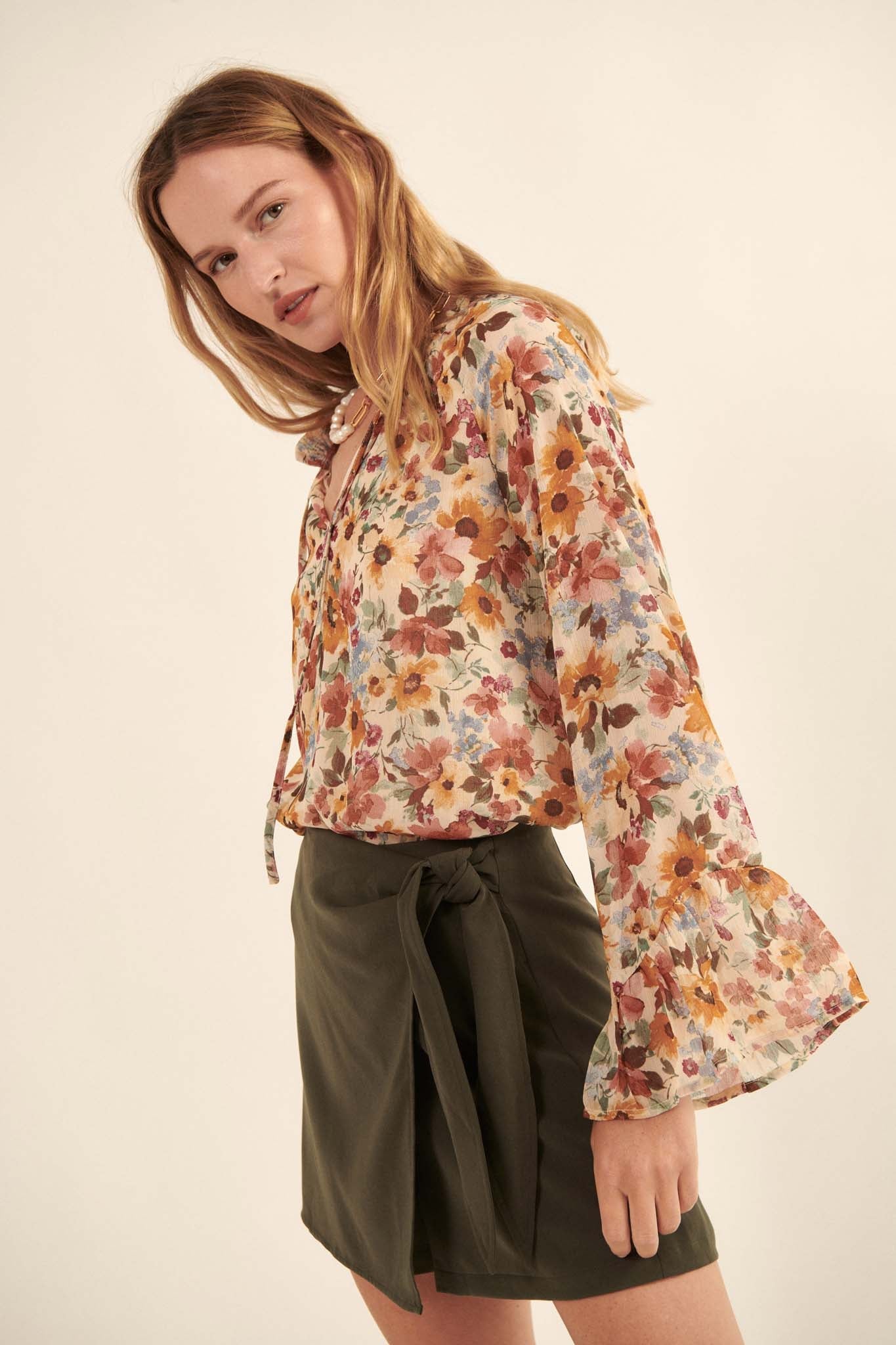 Day by Day Floral Chiffon Trumpet-Sleeve Top - ShopPromesa