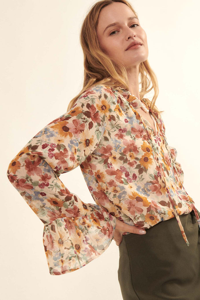 Day by Day Floral Chiffon Trumpet-Sleeve Top - ShopPromesa