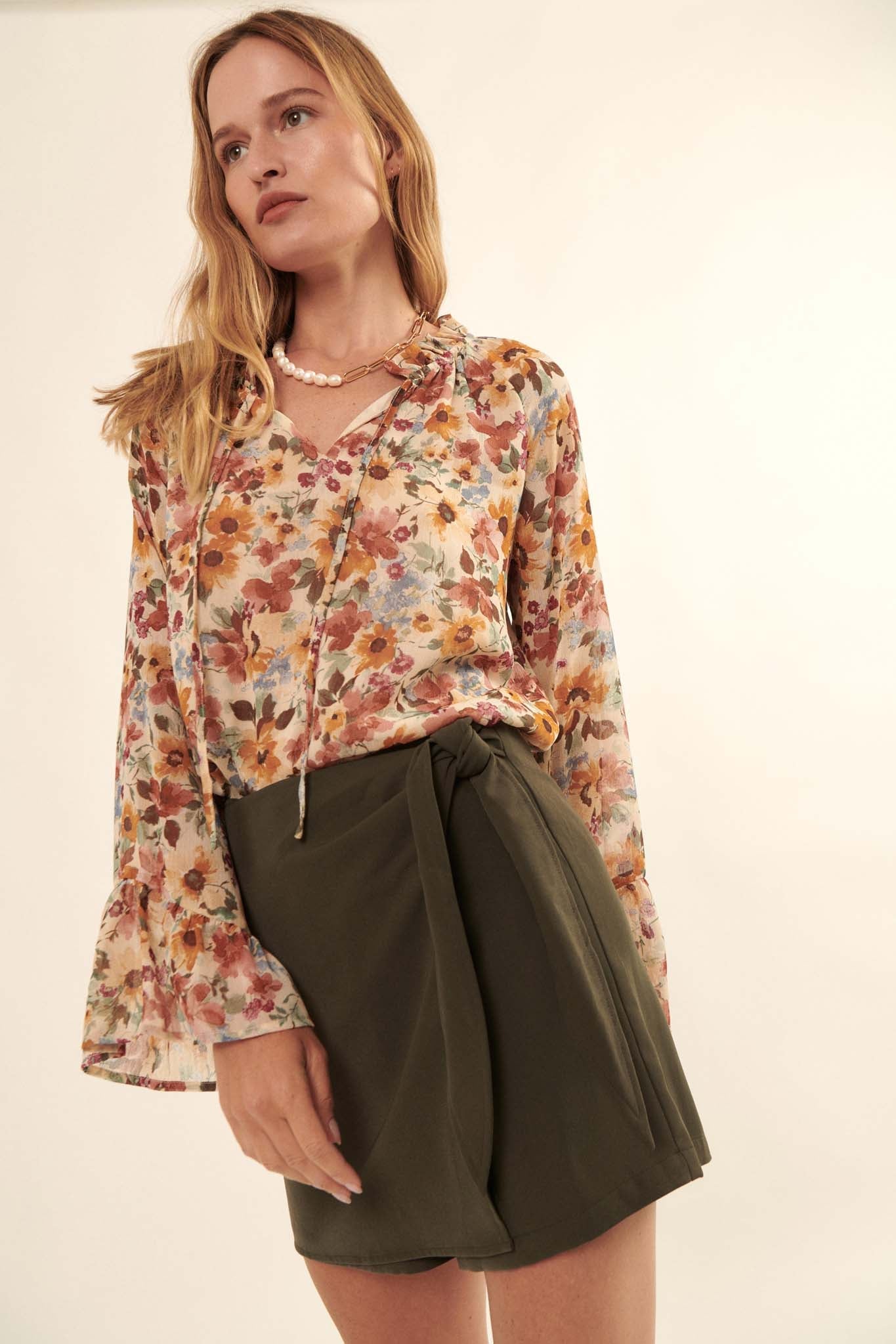 Day by Day Floral Chiffon Trumpet-Sleeve Top - ShopPromesa