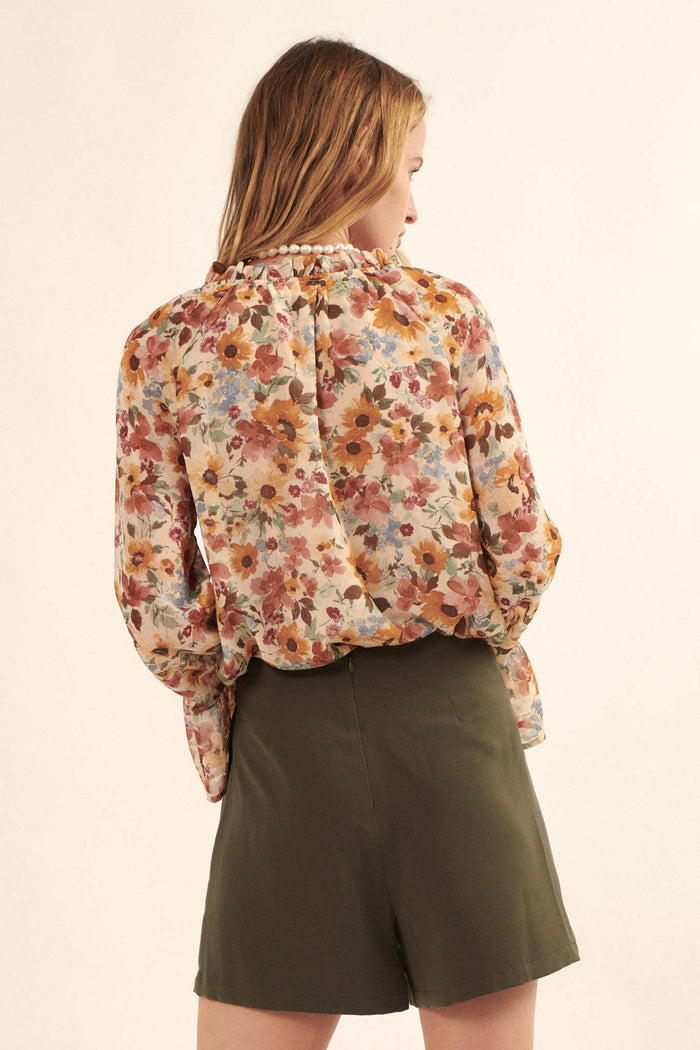 Day by Day Floral Chiffon Trumpet-Sleeve Top - ShopPromesa