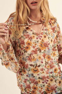 Day by Day Floral Chiffon Trumpet-Sleeve Top - ShopPromesa