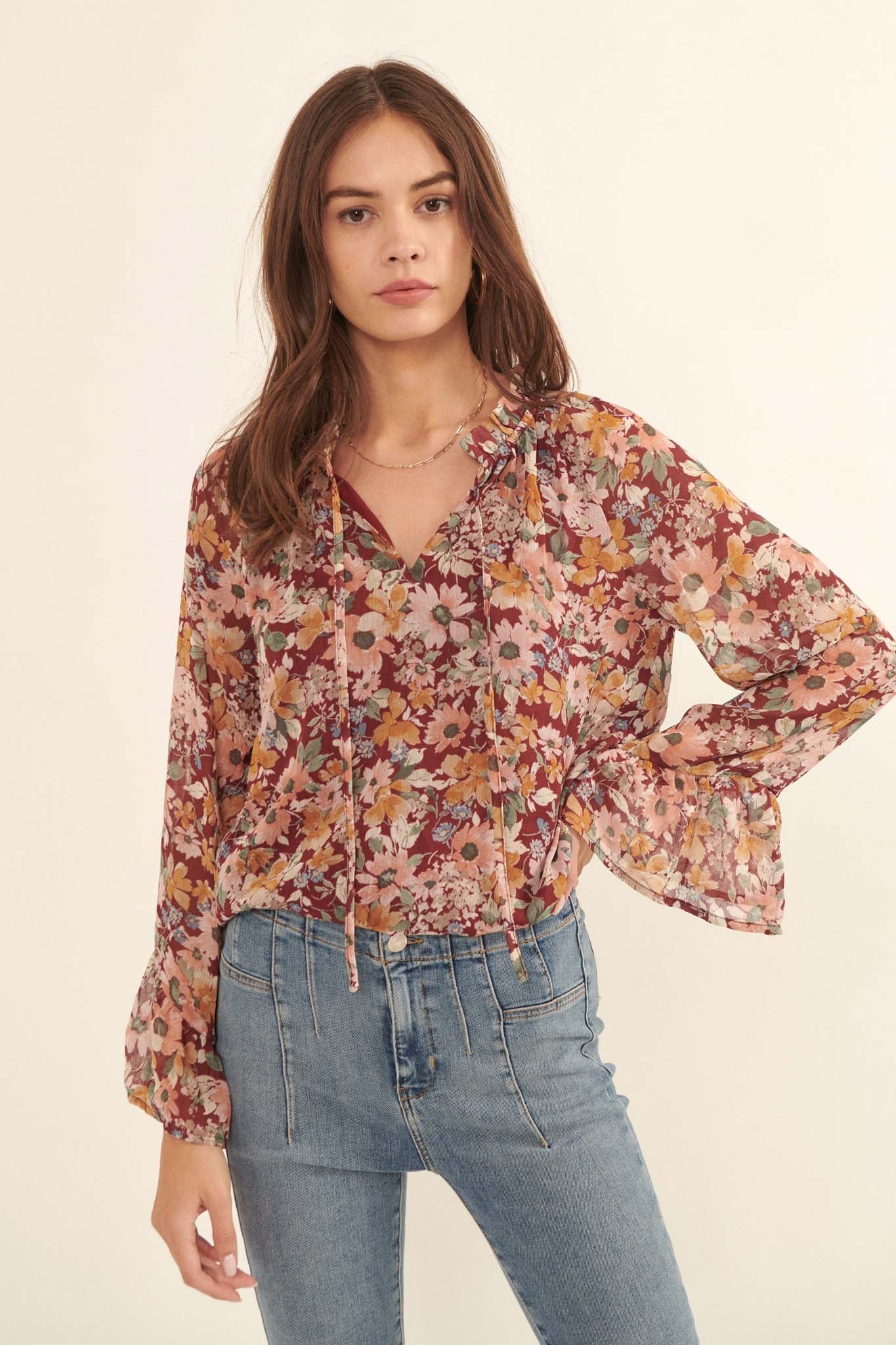 Day by Day Floral Chiffon Trumpet-Sleeve Top - ShopPromesa