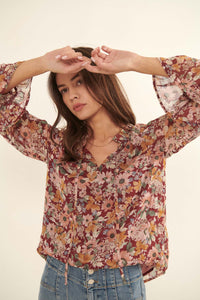 Day by Day Floral Chiffon Trumpet-Sleeve Top - ShopPromesa