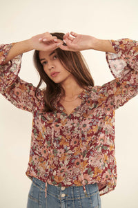 Day by Day Floral Chiffon Trumpet-Sleeve Top - ShopPromesa