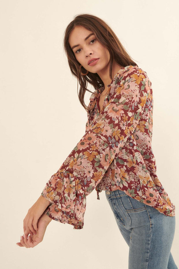 Day by Day Floral Chiffon Trumpet-Sleeve Top - ShopPromesa