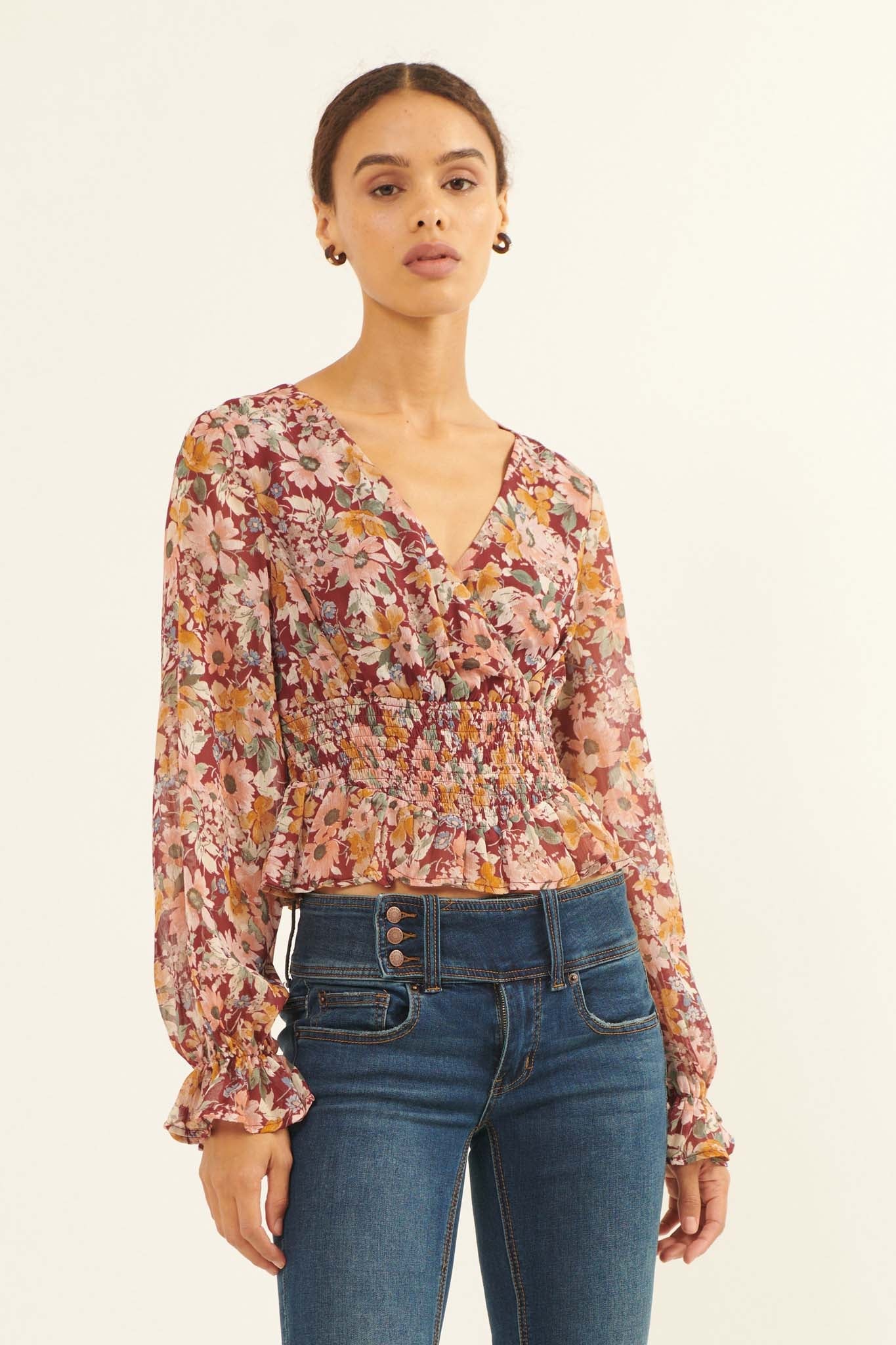 Days Go By Floral Chiffon Peasant Top - ShopPromesa