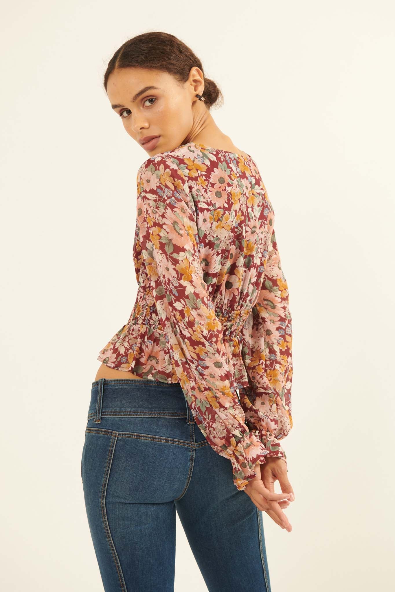 Days Go By Floral Chiffon Peasant Top - ShopPromesa