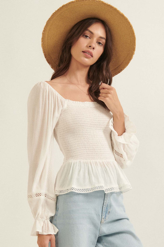 Someday Soon Smocked Jacquard Peasant Top - ShopPromesa