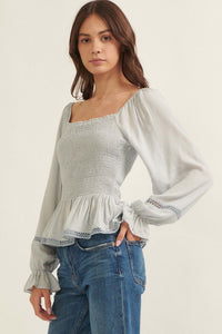 Someday Soon Smocked Jacquard Peasant Top - ShopPromesa