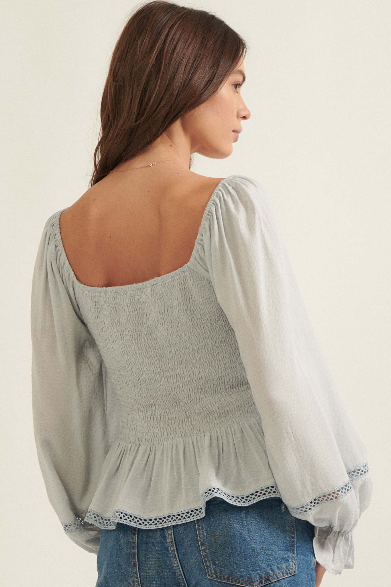 Someday Soon Smocked Jacquard Peasant Top - ShopPromesa