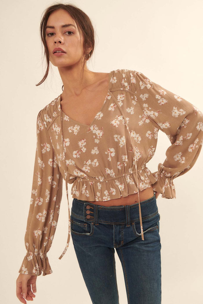 Poetic Petals Ruffled Floral Cropped Peasant Top - ShopPromesa