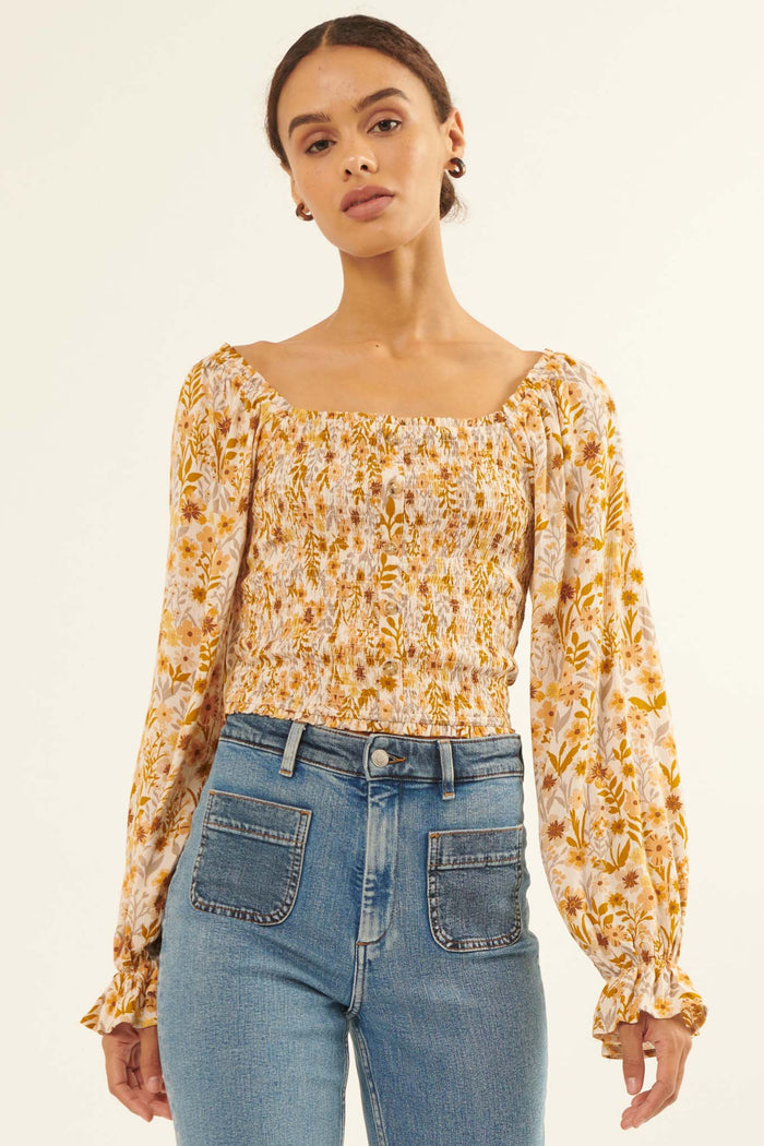 Amber Blossoms Smocked Floral Peasant Top - ShopPromesa